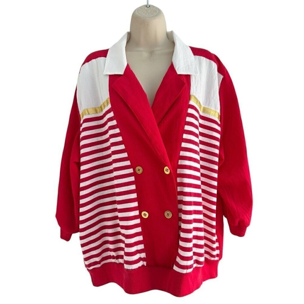 Vtg 80s Susan Christopher Of California Womans Sz Large Red White Striped Blouse